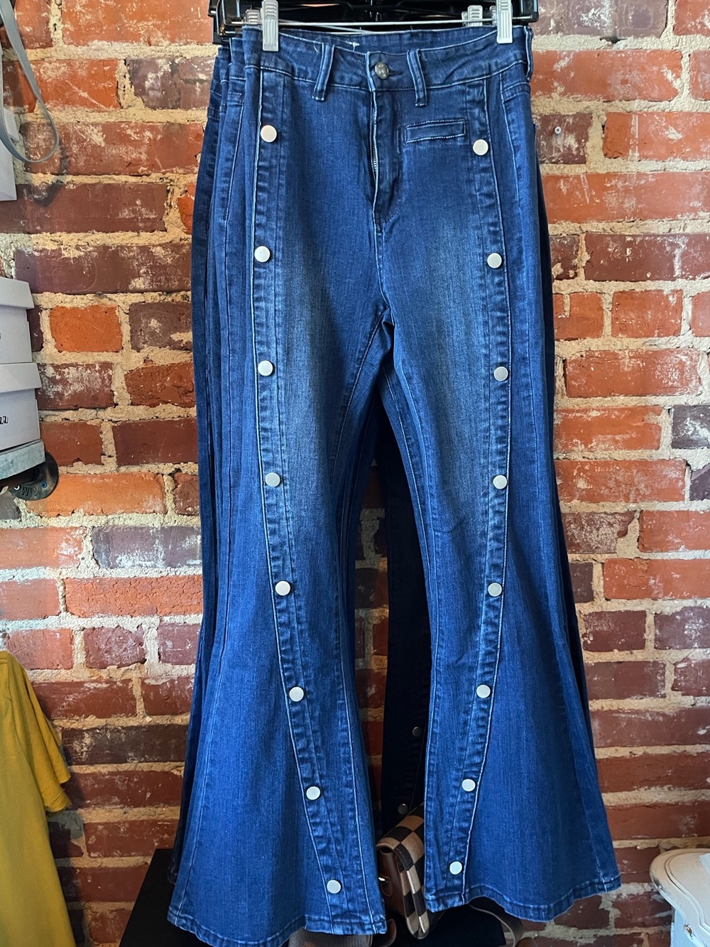 Crazy Train Women’s Dark Blue Button-Accent Flare Jeans